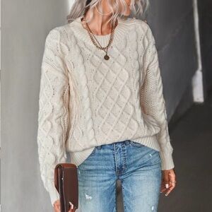 SHEIN Ivory Cable Knit Crewneck Sweater with Button Details